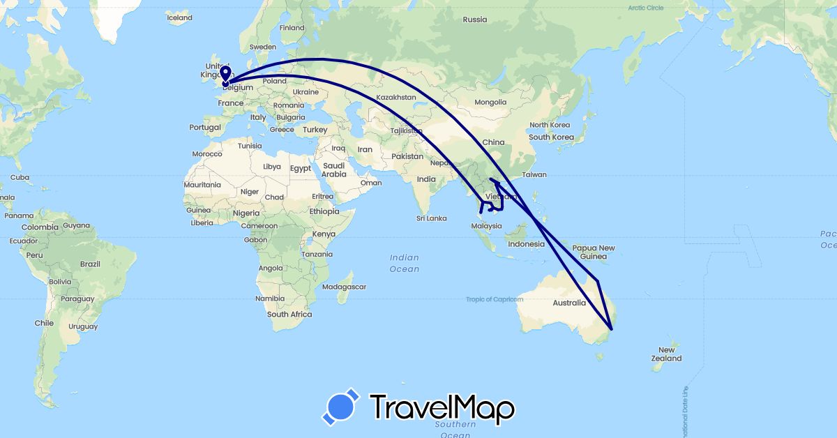 TravelMap itinerary: driving in Australia, United Kingdom, Cambodia, Thailand, Vietnam (Asia, Europe, Oceania)